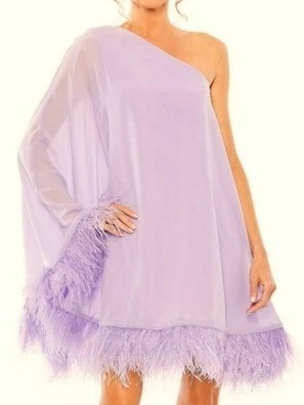 Mac Duggal Lilac Purple One-Shoulder Trapeze Feather-Trim Mini Dress